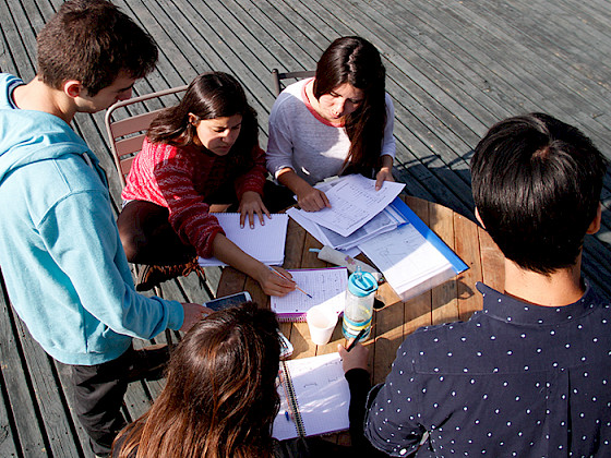 Imagen de alumnos estudiando alrededor de una mesa.