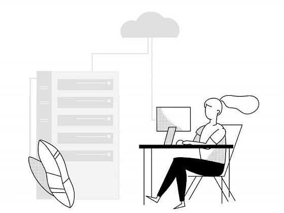Ilustración e blanco y negro de joven frente a un computador trabajando