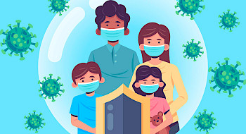 ILUSTRACIÓN DE FAMILIA COMPUESTA POR PADRE MADRE HIJA E HIJO, TODOS CON MASCARILLA