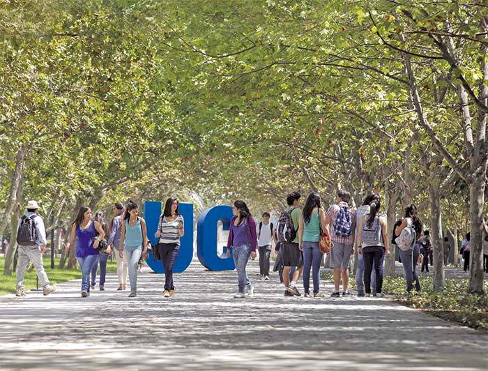 Personas jóvenes caminan en bajo alameda en campus San Joaquín