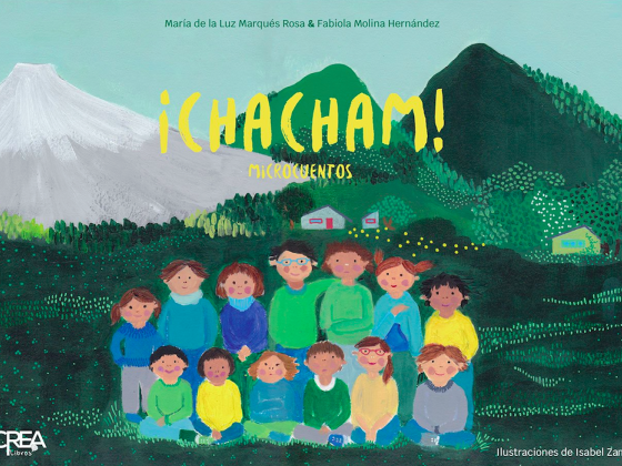 dibujo de niños agrupados y con volcan villarrica de fondo