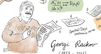 dibujo de un hombre con sweater, bigotes, papeles en la mano. a su alrededor se ven ecuaciones y otros elementos