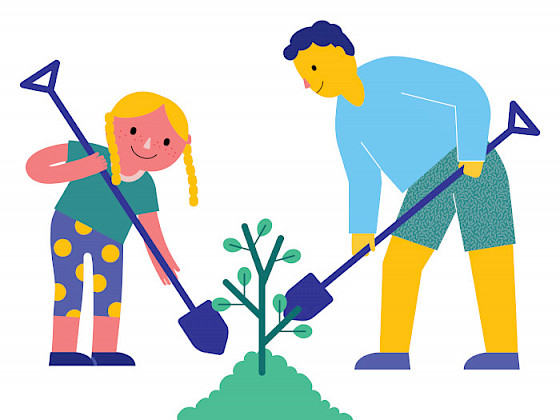 dibujo de una niña y un hombre adulto plantando un árbol