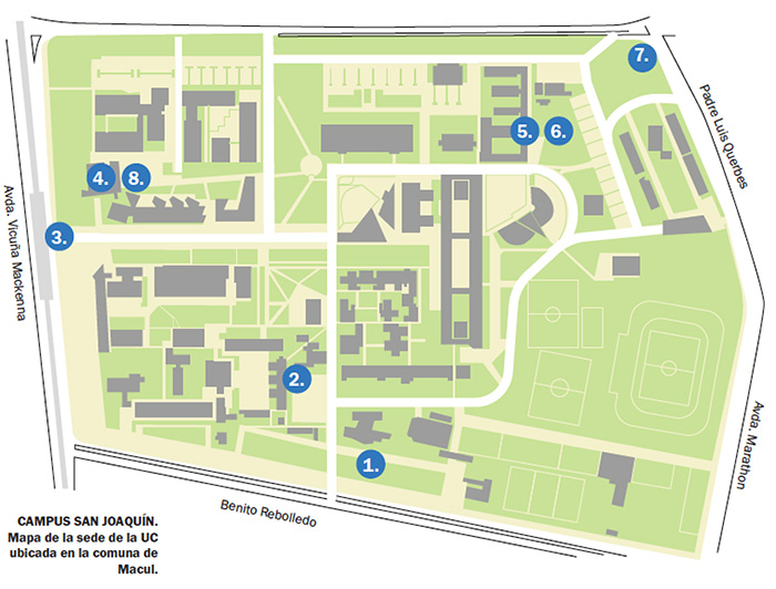 En este mapa del Campus San Joaquín se muestra en qué lugar se está aplicando cada una de las 8 soluciones tecnológicas.