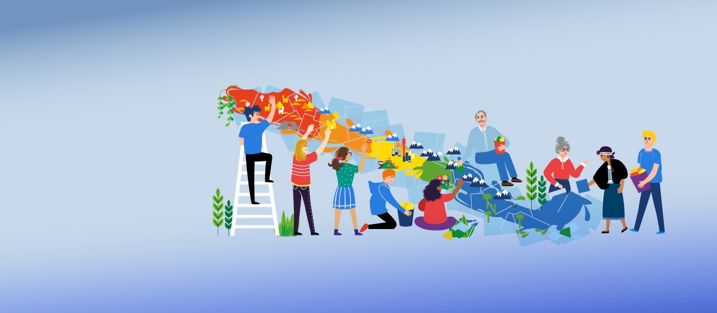 Ilustración de personas sosteniendo un mapa de Chile