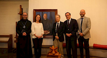 Entrega del Premio Gabriel Guarda. En la foto: José Luis Olivares, Abad; Rosa María Lazo, Vicerrectora UC; Hernán Rodríguez, ganador premio; Ignacio Sánchez, Rector UC; Umberto Bonomo, director CENPUC  Foto Dirección de Comunicacionesi