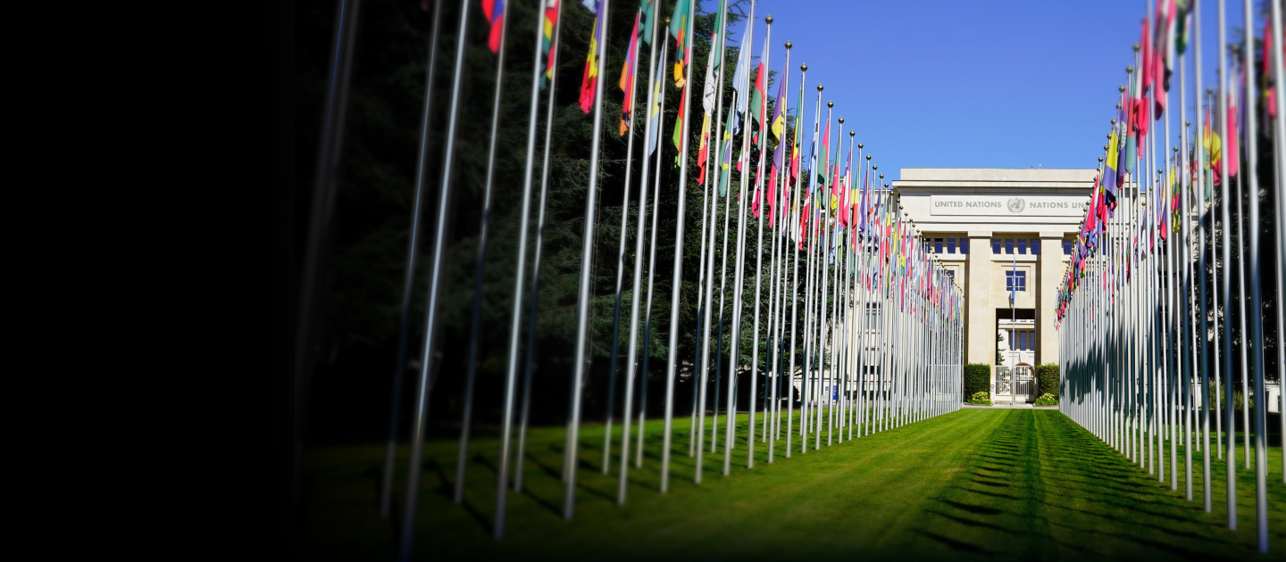 A flag path and the UN building in the background.