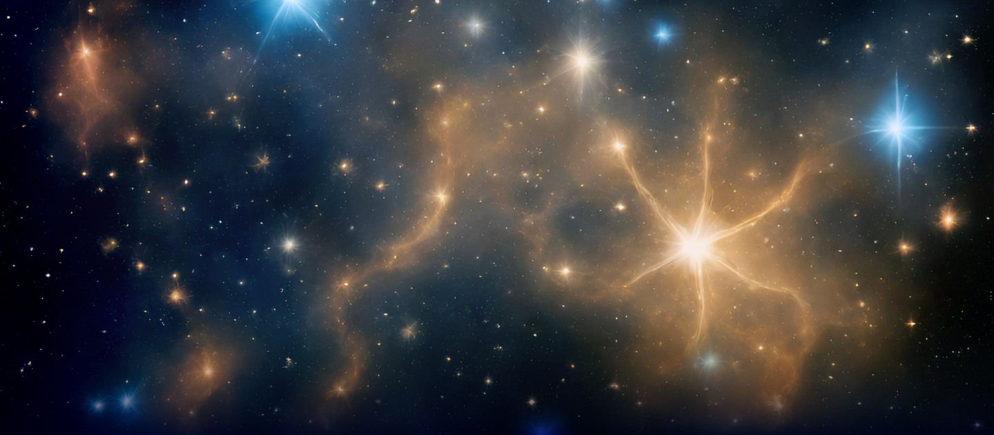 Image of a galaxy in formation in yellow and orange colors with a black and bluish background.