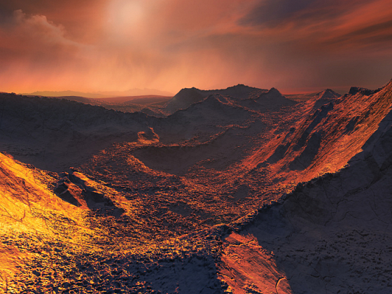 La estrella mas cercana al Sol alberga un exoplaneta, al menos 3,2 veces mas masivo que la Tierra, la llamada super-Tierra.  Esta imagen muestra la impresion de un artista de la superficie del planeta.