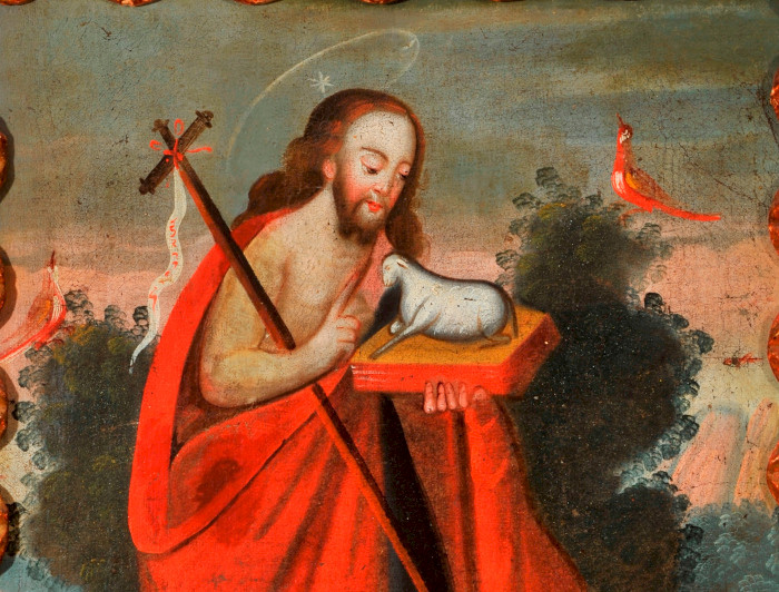 Cuadro de la colección Gandarillas que muestra a un santo junto a una oveja y dos pájaros.