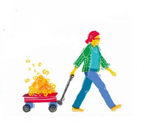 Gráfica que muestra a una persona con un carro, lleno de signo pesos.